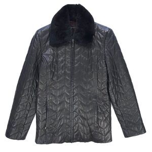 VINTAGE Fur Collar Quilted Leather Jacket 90s Y2k Minimal Boho Downtown Girl